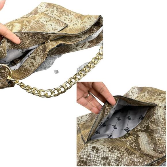 Antonio Melani Brown Tan Leather Snakeskin Studded Chain Handle Hobo Handbag - Picture 5 of 13